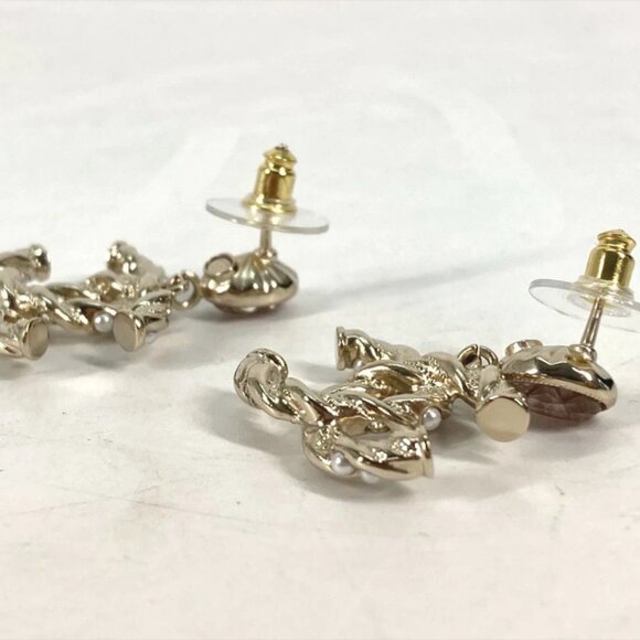 CHANEL CC Logos Twist Rhinestone Pearl Dangle Earrings Gold Tone A23B Auth - Picture 5 of 8